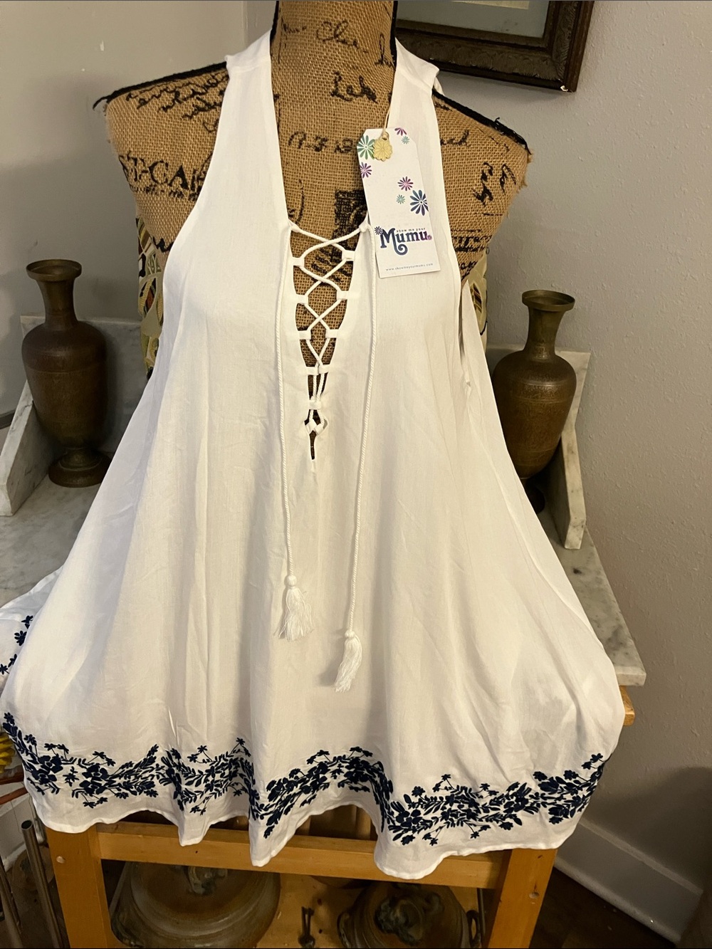 Show Me Your Mumu White Gorgeous Sexy Dress with Blue Floral Print S! NWTs!